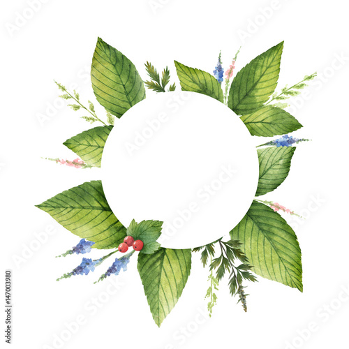 Watercolor hand painted round wreath with herbs and spices.