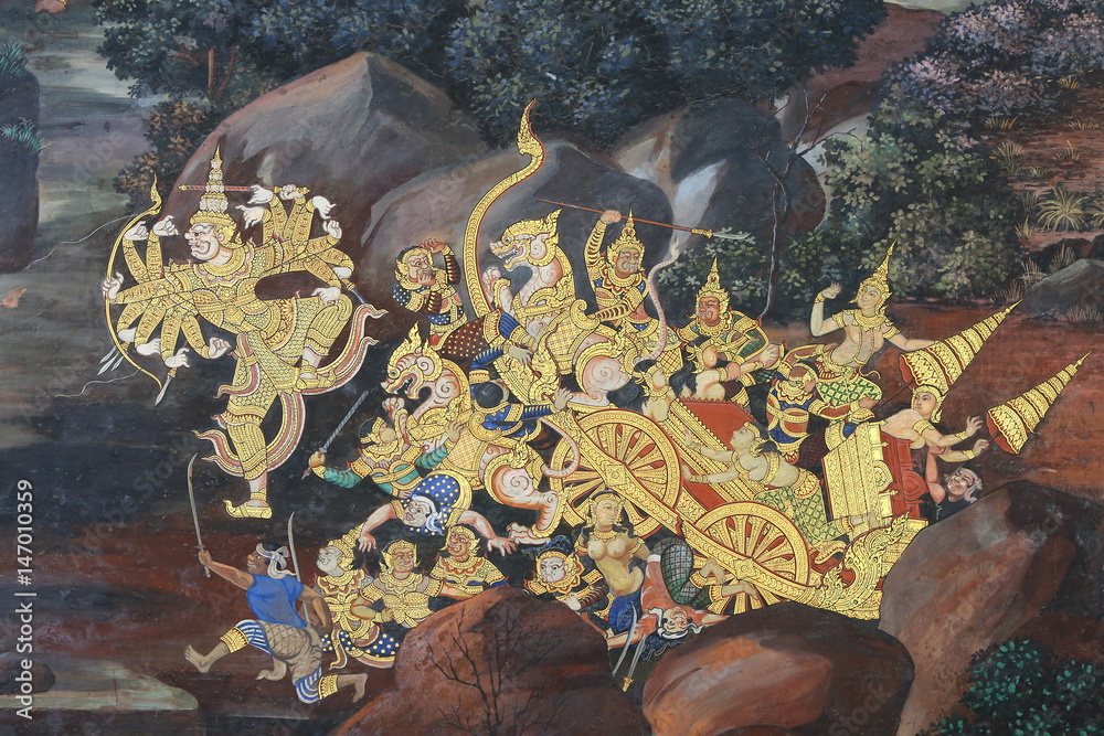 Φωτογραφία Traditional Thai painting art about Ramayana story on display at the temple wall Wat Prakaew in Bangkok, Thailand
