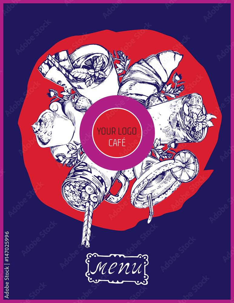 Cafe or restaurant menu. Design cover menu. Food and drink elements