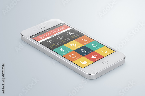White mobile smartphone with smart home application lies on the surface