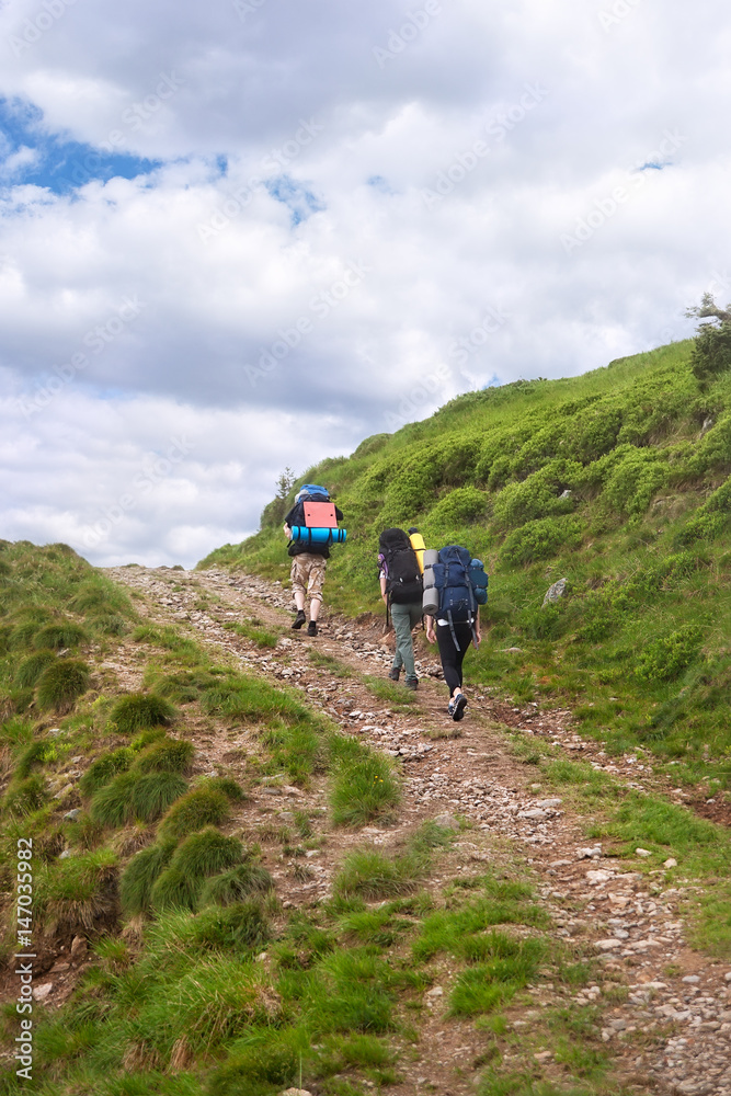 tourists hiking in mountains