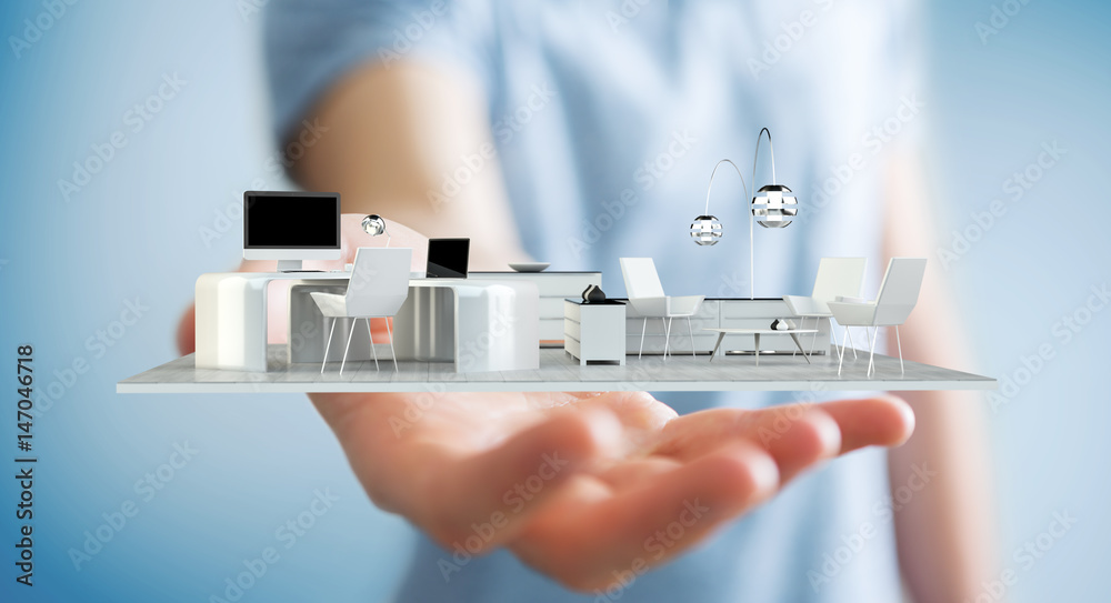 Businessman holding white 3D rendering apartment Businessman holding white 3D rendering apartment
