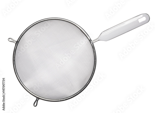 Metal sieve with white plastic handle isolated on white background. Top view.