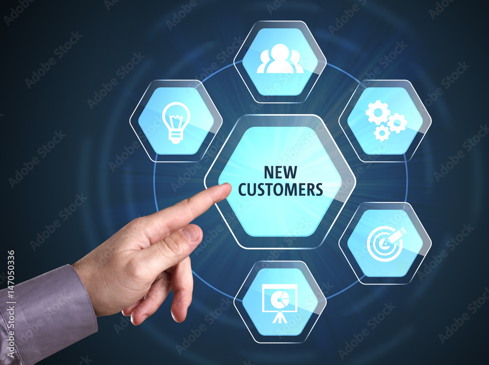 Business, Technology, Internet and network concept. Young businessman shows the word: New customers Business, Technology, Internet and network concept. Young businessman shows the word: New customers