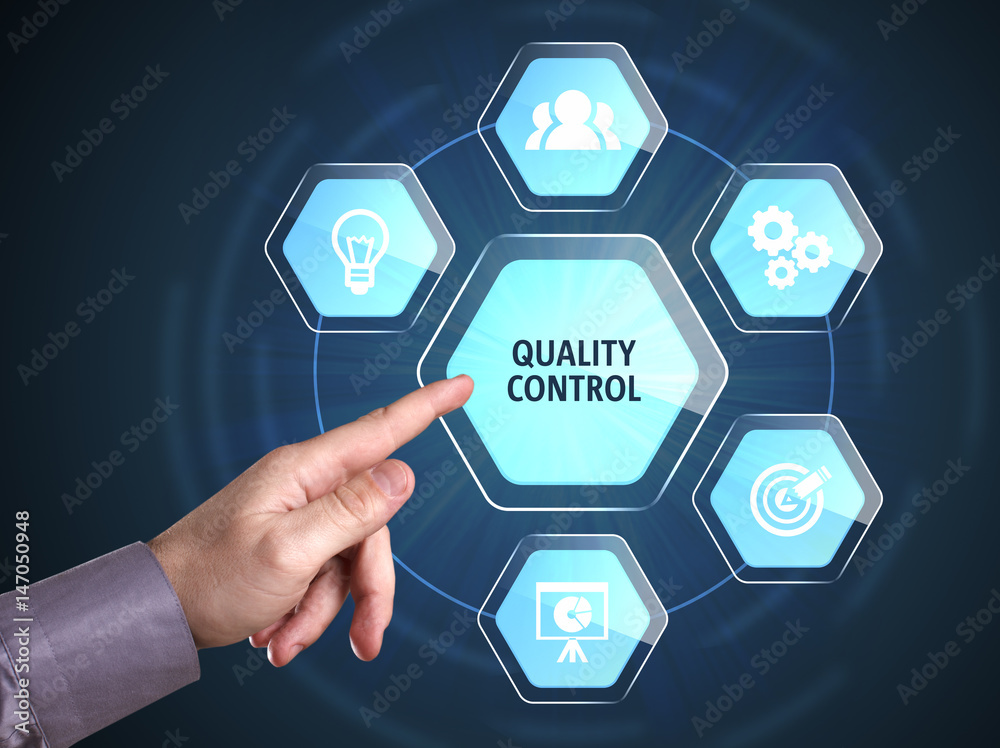 Business, Technology, Internet and network concept. Young businessman shows the word: Quality control Business, Technology, Internet and network concept. Young businessman shows the word: Quality control