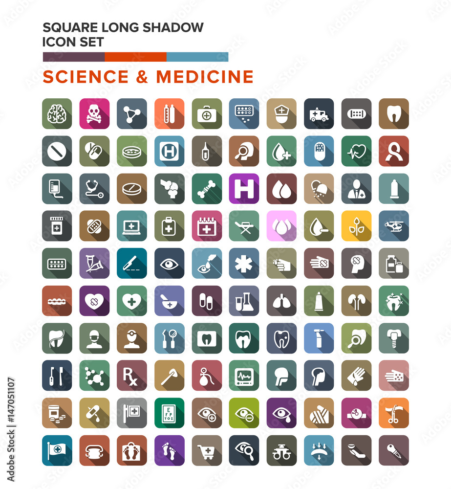 Science medicine icons set with long shadow. Flat design style. Simple square icon. Flat color icons. Web site page and mobile app design vector elements. Science medicine icons set with long shadow. Flat design style. Simple square icon. Flat color icons. Web site page and mobile app design vector elements.