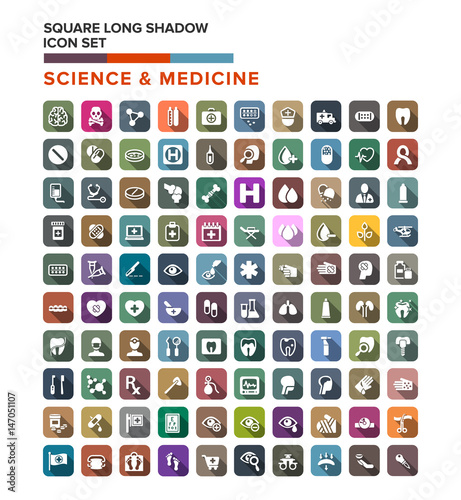 Science medicine icons set with long shadow. Flat design style. Simple square icon. Flat color icons. Web site page and mobile app design vector elements.