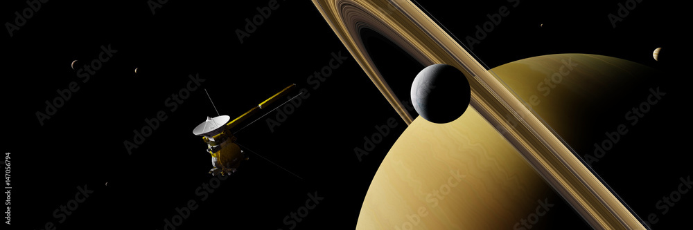 Obraz premium Saturn's moon Enceladus and spacecraft Cassini–Huygens in front of planet Saturn, rings and other moons, background banner
