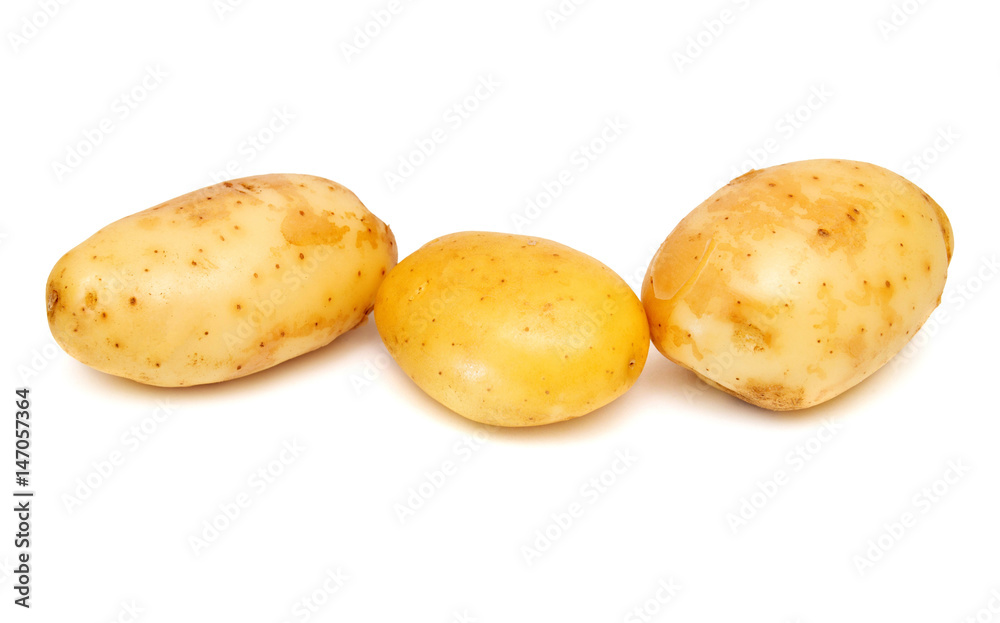 Group of young potatoes isolated on white background. Harvest new. Flat lay, top view Group of young potatoes isolated on white background. Harvest new. Flat lay, top view