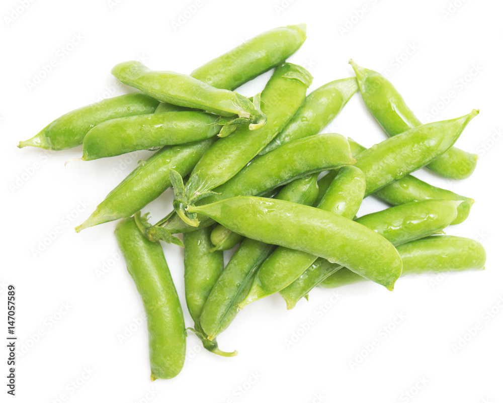Fresh green peas isolated on white background. Flat lay, top view