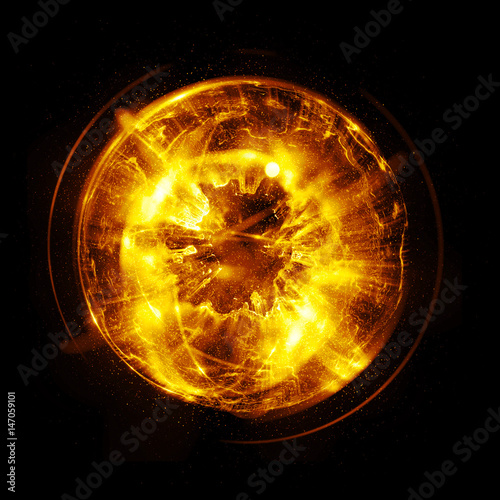 3D Atom icon. Luminous nuclear model on dark background. Glowing energy balls. Molecule structure. Trace atoms and electrons..Physics concept. Microscopic forms. Nuclear reaction element. Supernova photo