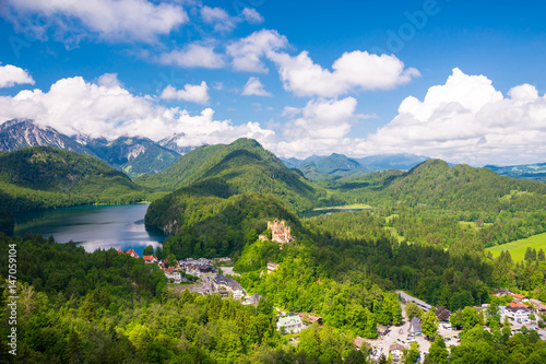 Castle Hohenschwangau  eternal forest with mountains of Bavaria  Germany.