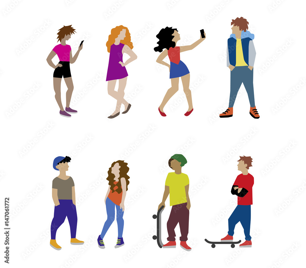 A vector illustration of teenagers in outdoors. Young people as character set in flat style isolated on white background