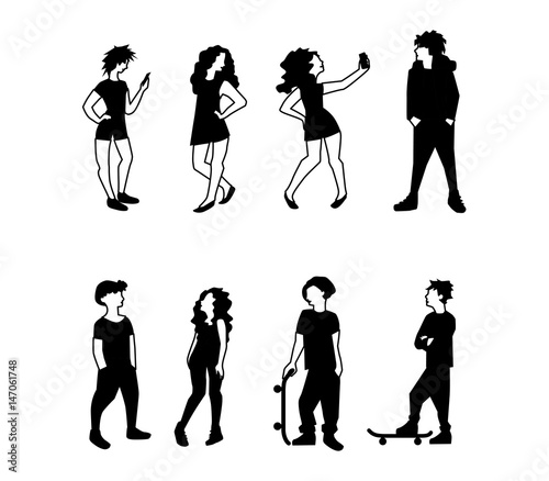 A vector illustration of teenagers in outdoors. Young people as character set in flat style isolated on white background