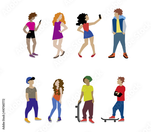 A vector illustration of teenagers in outdoors. Young people as character set in flat style isolated on white background