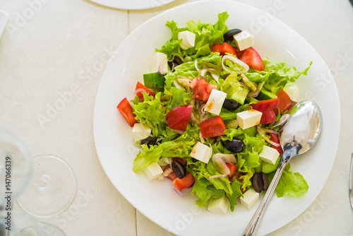 Top view of Greek salad