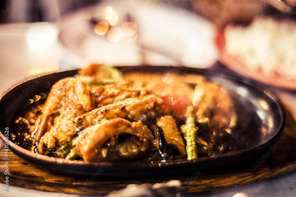 Spicy sauteed vegetables and chicken with a chili sauce Spicy sauteed vegetables and chicken with a chili sauce