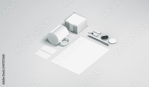 Blank white office stationery set mock up isolated, 3d rendering. Empty corporate branding identity mockups presentation. Clear space work supplies template for logo design, isometric view elements.