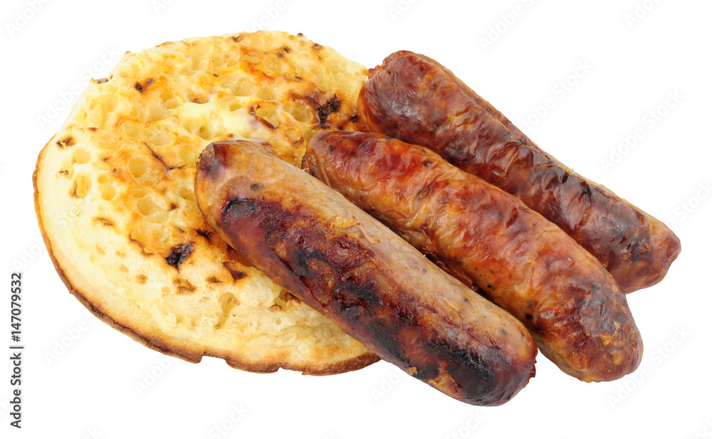 Grilled Pork Sausages On A Buttered Crumpet Grilled Pork Sausages On A Buttered Crumpet