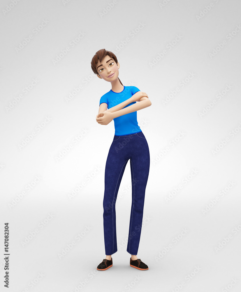 Fototapeta premium Kind, Gently Smiling Jenny - 3D Cartoon Female Character Model - Half-Dancing Playfully, in Casual Clothes, Isolated on White Spotlight Background 