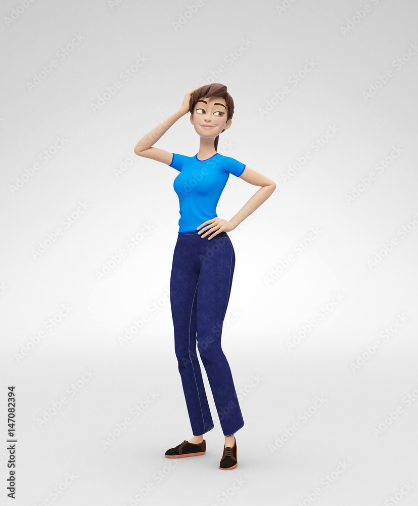 Flirting, Smiling, Dreamy and Self-Assured Jenny - 3D Cartoon Female Character Model - Fixes Hair and Looks Away, in Casual Clothes, Isolated on White Spotlight Background
Flirting, Smiling, Dreamy and Self-Assured Jenny - 3D Cartoon Female Character Model - Fixes Hair and Looks Away, in Casual Clothes, Isolated on White Spotlight Background