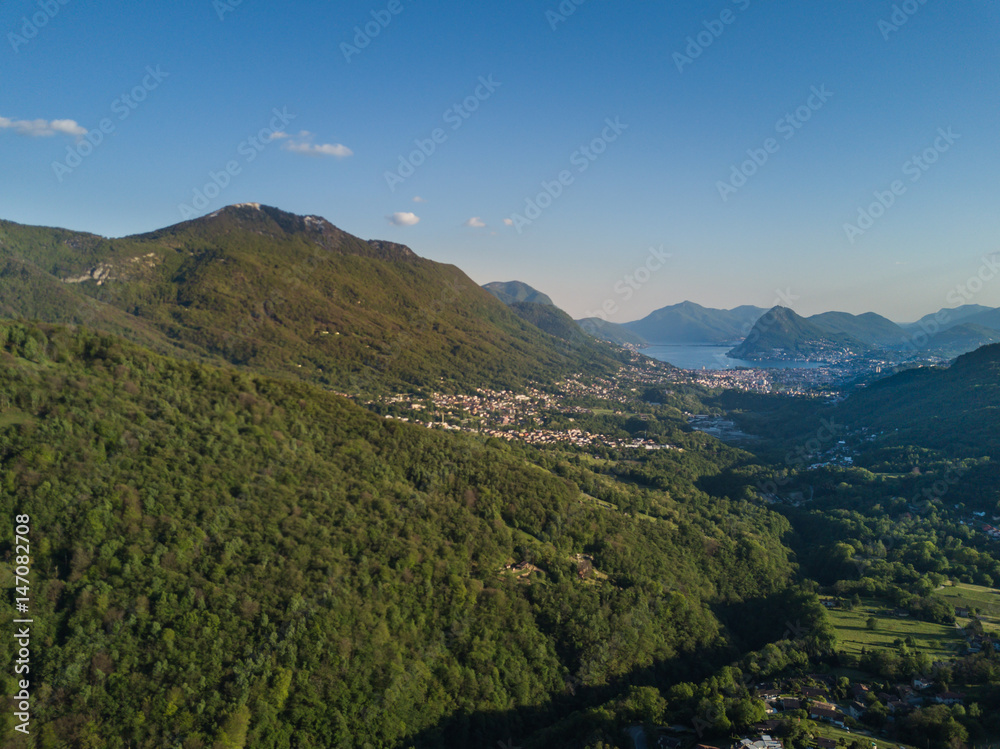 Aerial view of alpine landscape in southern Switzerland