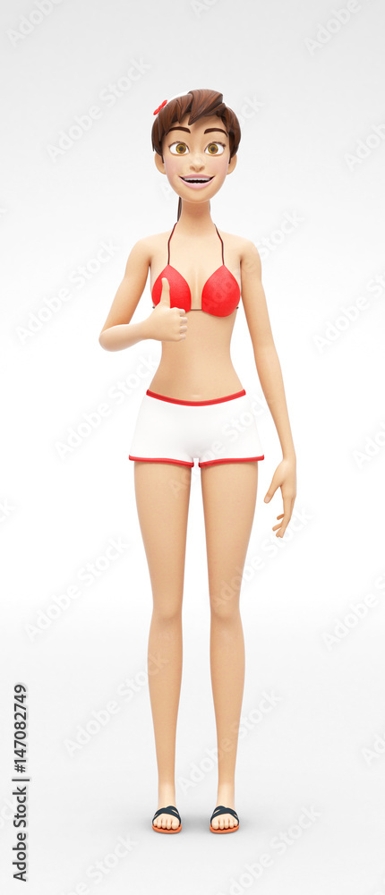 Smiling, Happy Jenny - 3D Cartoon Female Character Model - Shows Thumbs Up Cheerfully, in Casual Two-Piece Swimsuit Bikini, Isolated on White Spotlight Background Smiling, Happy Jenny - 3D Cartoon Female Character Model - Shows Thumbs Up Cheerfully, in Casual Two-Piece Swimsuit Bikini, Isolated on White Spotlight Background