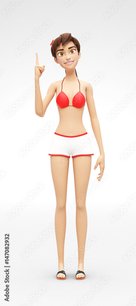 Smiling, Happy and Smart Jenny - 3D Cartoon Female Character Model - Has A Brilliant Idea, in Casual Two-Piece Swimsuit Bikini, Isolated on White Spotlight Background