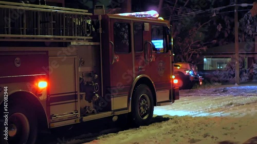 4K Fire Truck Engine, Red Flashing Lights Emergency Firetruck at Dark Night