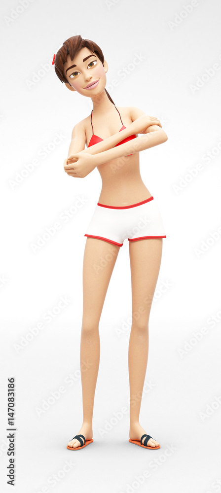 Kind, Gently Smiling Jenny - 3D Cartoon Female Character Model - Half-Dancing Playfully, in Casual Two-Piece Swimsuit Bikini, Isolated on White Spotlight Background Kind, Gently Smiling Jenny - 3D Cartoon Female Character Model - Half-Dancing Playfully, in Casual Two-Piece Swimsuit Bikini, Isolated on White Spotlight Background
