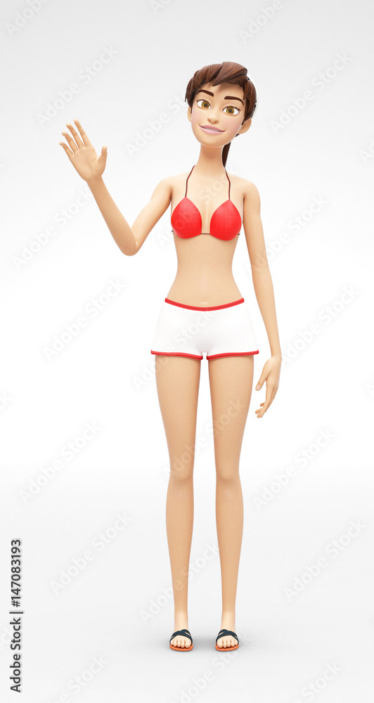 Pleased, Smiling Jenny - 3D Cartoon Female Character Model - Waves Hello, in Casual Two-Piece Swimsuit Bikini, Isolated on White Spotlight Background Pleased, Smiling Jenny - 3D Cartoon Female Character Model - Waves Hello, in Casual Two-Piece Swimsuit Bikini, Isolated on White Spotlight Background