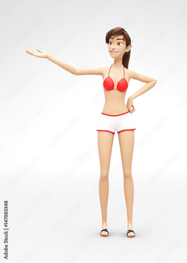 Excited and Smiling Jenny - 3D Cartoon Female Character Model - Presents Product or Service with Confidence, in Casual Two-Piece Swimsuit Bikini, Isolated on White Spotlight Background Excited and Smiling Jenny - 3D Cartoon Female Character Model - Presents Product or Service with Confidence, in Casual Two-Piece Swimsuit Bikini, Isolated on White Spotlight Background