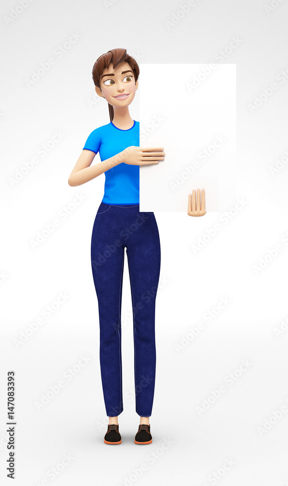 Blank Product Poster and Banner Mockup Held by Smiling And Happy Jenny - 3D Cartoon Female Character in Casual Clothes as Presentation of Information or Advertisement, Isolated on White Background