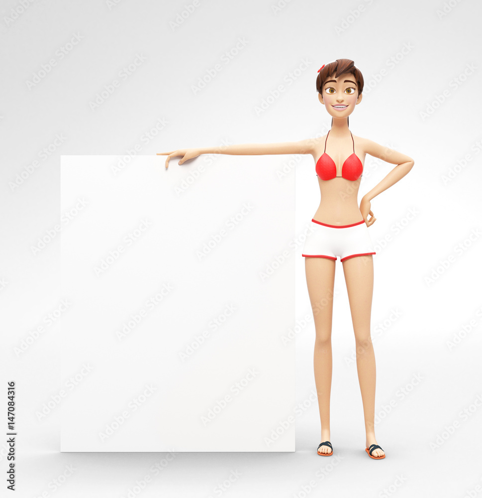 Blank Product Billboard and Banner Mockup Held by Smiling and Happy Jenny - 3D Cartoon Female Character in Swimsuit Bikini as Presentation of Information or Advertisement, Isolated on White Background Blank Product Billboard and Banner Mockup Held by Smiling and Happy Jenny - 3D Cartoon Female Character in Swimsuit Bikini as Presentation of Information or Advertisement, Isolated on White Background