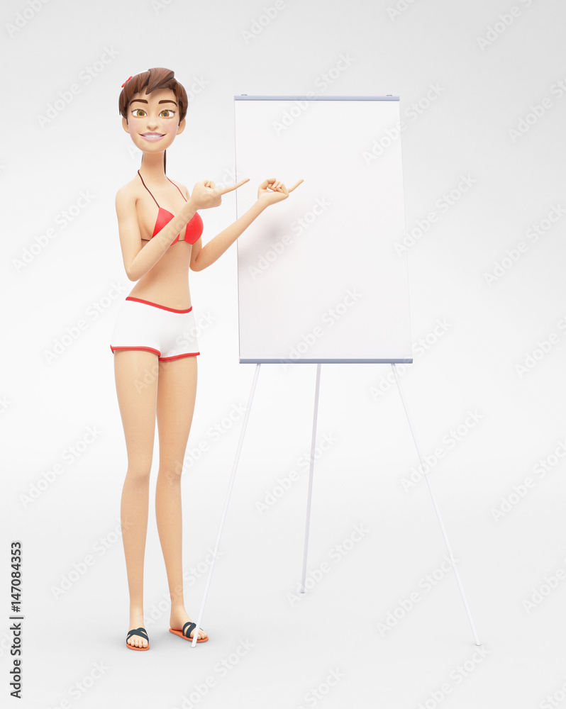 Product Flip-Chart Mockup and Blank Board with Smiling Jenny - 3D Cartoon Female Character in Swimsuit Bikini as Business Presentation of Information or Advertisement, Isolated on White Background Product Flip-Chart Mockup and Blank Board with Smiling Jenny - 3D Cartoon Female Character in Swimsuit Bikini as Business Presentation of Information or Advertisement, Isolated on White Background