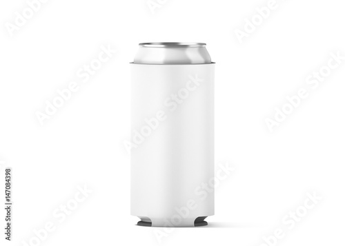 Blank white collapsible beer can koozie mock up isolated, for 500 ml, 3d rendering. Empty neoprene cooler holder mockup for tin beverage. Plain drinkware hugger design template. Clear soda sleeve photo