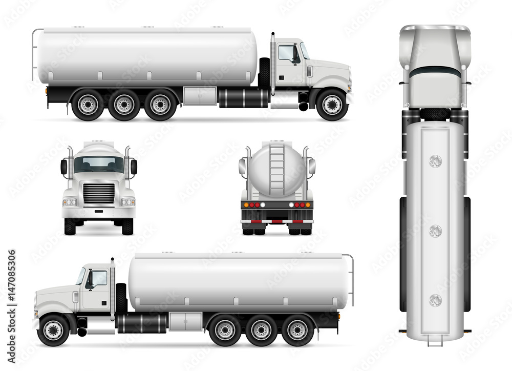 Tanker truck vector template for car branding and advertising. Isolated tanker car set on white. All layers and groups well organized for easy editing and recolor. View from side, front, back, top. Tanker truck vector template for car branding and advertising. Isolated tanker car set on white. All layers and groups well organized for easy editing and recolor. View from side, front, back, top.