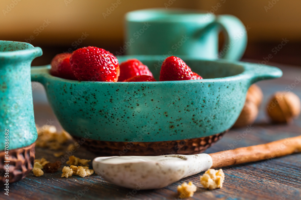 strawberries, granola with fresh yogurt for healthy breakfast strawberries, granola with fresh yogurt for healthy breakfast