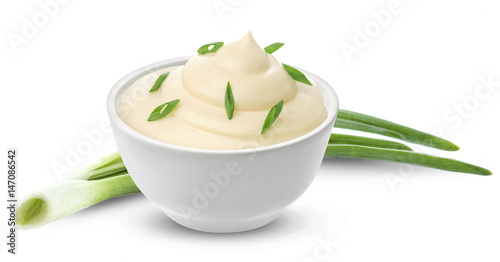 Obraz na płótnie Sour cream with onion isolated on white background with clipping path, one of th
