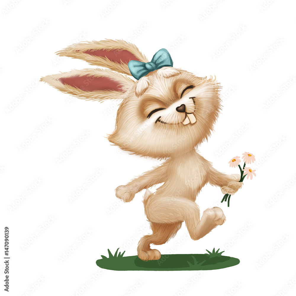 Happy Cute Furry Bunny with Flower - Cartoon Animal Character Running  Across Green Field - Hand-Drawn Animated Mascot for Illustration, Magazine,  Children's Book, Cover, Greeting or Post Card Stock Illustration | Adobe  Stock