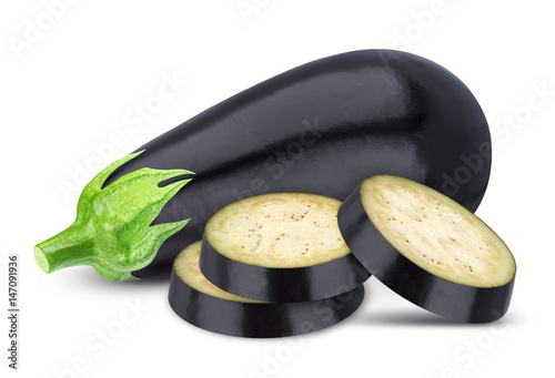 Whole and sliced eggplant isolated on white background, with clipping path