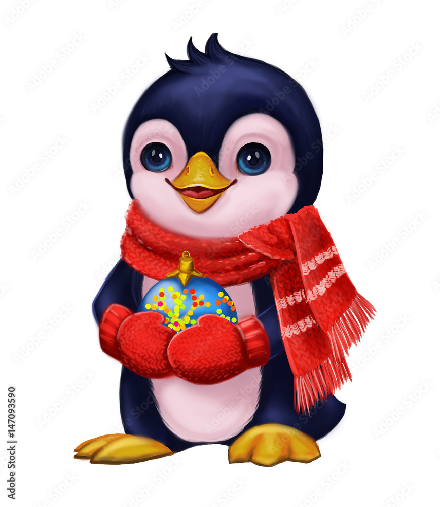 Season's Greetings with Cute Little Penguin in Funny Scarf Holding Party Toys - Merry Christmas and New Year with Hand-Drawn Character for Greeting or Post Card, Banner, Gift Card, Poster or Booklet