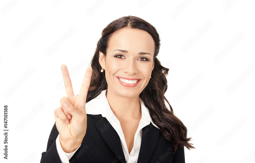 Businesswoman showing two fingers, on white Businesswoman showing two fingers, on white