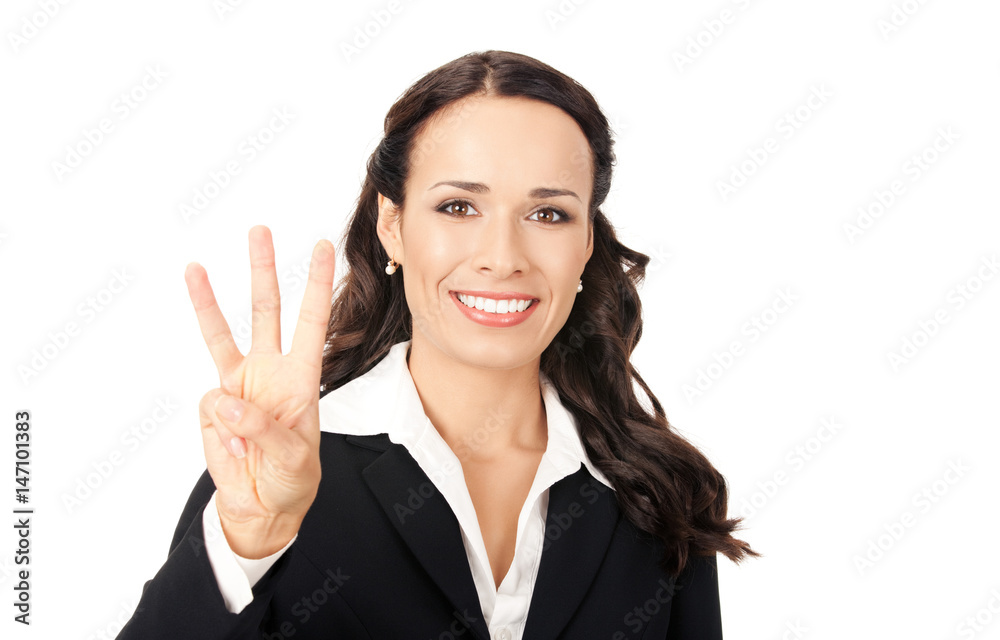 Businesswoman showing three fingers, on white Businesswoman showing three fingers, on white