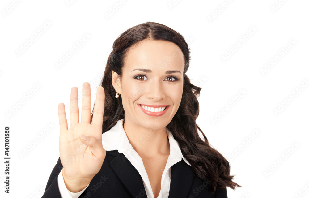 Businesswoman showing four fingers, on white Businesswoman showing four fingers, on white