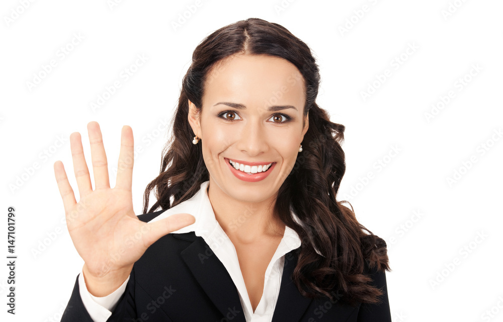 Businesswoman showing five fingers, on white Businesswoman showing five fingers, on white