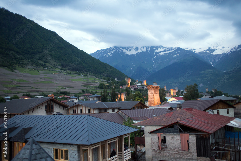 Mesti village in Caucasus mountains of Georgia