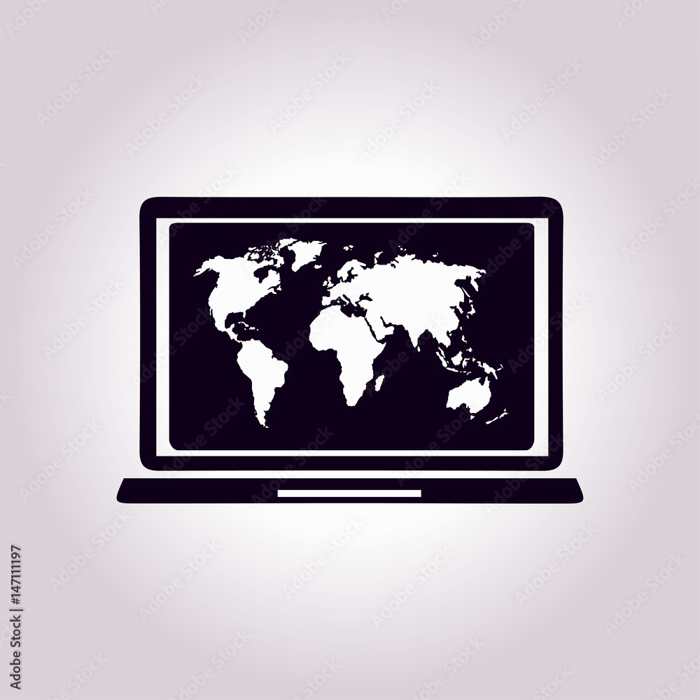 Laptop and world map illustration. World map geography symbol. Flat design style. Laptop and world map illustration. World map geography symbol. Flat design style.