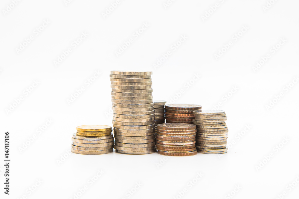 Stack of coins isolated on white background for business finance concept Stack of coins isolated on white background for business finance concept