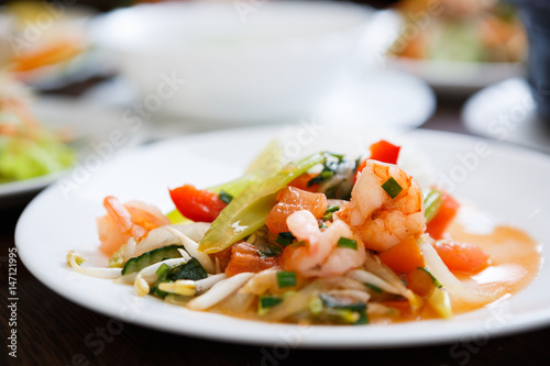 Vietnamese restaurant menu.Tasty shrimp & vegetables salad
